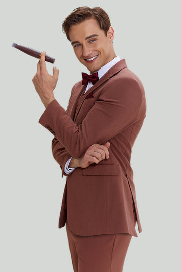 Tan Notched Lapel 3 Piece Single Breasted Party Suits